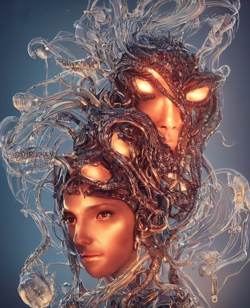 Image similar to close-up macro portrait of the face of a beautiful princess with animal skull mask, epic angle and pose, symmetrical artwork, 3d with depth of field, blurred background, cybernetic jellyfish female face skull phoenix bird, translucent, nautilus, energy flows of water and fire. a highly detailed epic cinematic concept art CG render. made in Maya, Blender and Photoshop, octane render, excellent composition, cinematic dystopian brutalist atmosphere, dynamic dramatic cinematic lighting, aesthetic, very inspirational, arthouse. y Greg Rutkowski, Ilya Kuvshinov, WLOP, Stanley Artgerm Lau, Ruan Jia and Fenghua Zhong