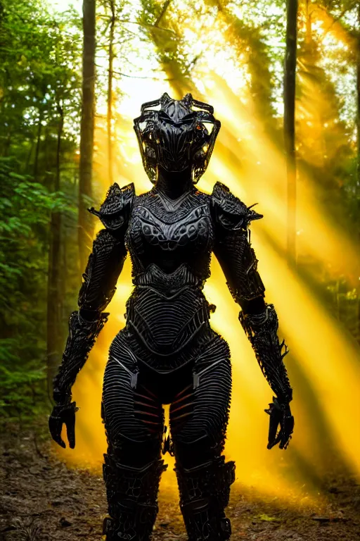 Prompt: hyperrealistic long shot mithra gorgeous black woman intricate exoskeleton armor in a forest sun behind her concept art eric zener elson peter cinematic orange light low angle hd 8k sharp rack focus