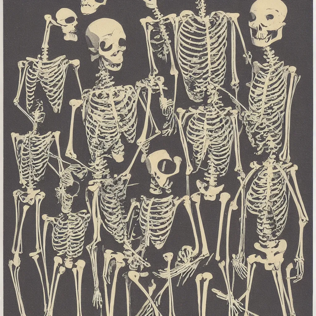 Image similar to vintage risograph of cartoon skeleton