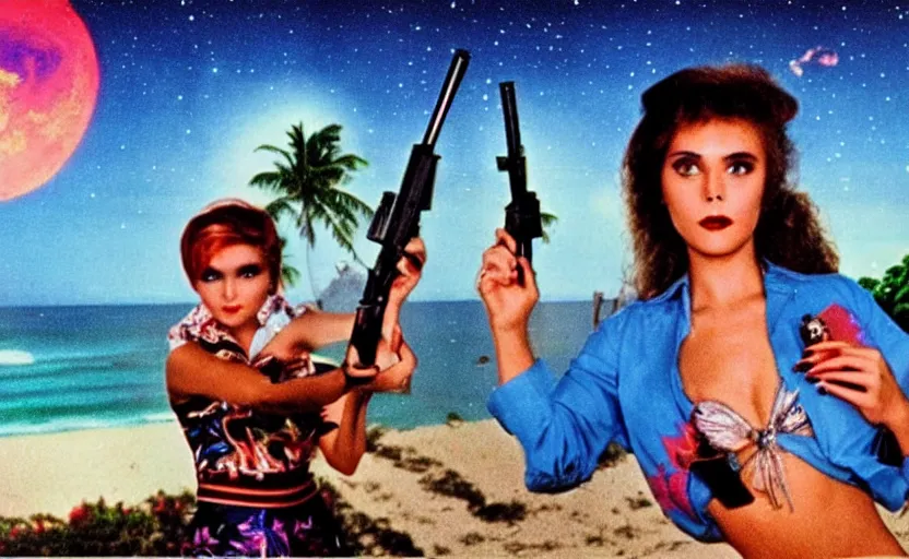 Prompt: 1 9 8 6 vintage movie screencap of a girl with a gun on a narco mansion, gucci clothes, night sky, beach and tropical vegetation on the background major arcana sky and occult symbols, 1 9 8 6 photo