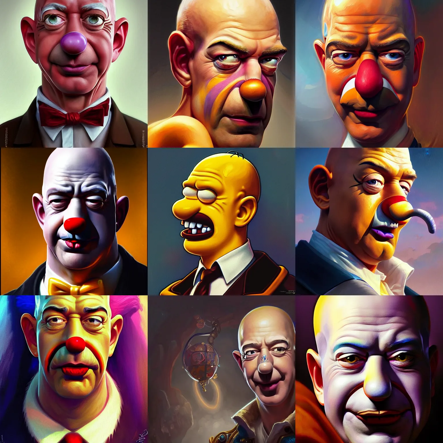 Prompt: jeff bezos is homer simpson in clown makeup, closeup, d & d, fantasy, intricate, elegant, highly detailed, digital painting, artstation, concept art, matte, sharp focus, illustration, hearthstone, art by artgerm and greg rutkowski and alphonse mucha