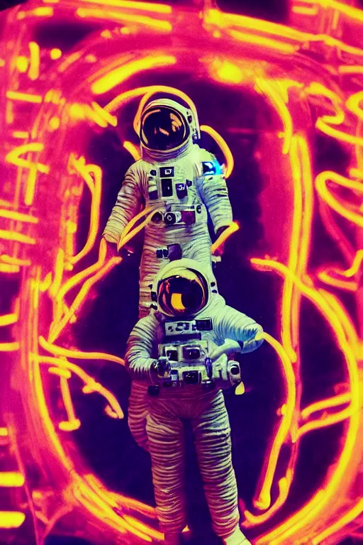 Image similar to astronaut with neon glowing skull, 1 9 6 0 s, color bleed, ektachrome photograph, volumetric lighting, f 8 aperture, cinematic eastman 5 3 8 4 film stanley kubrick