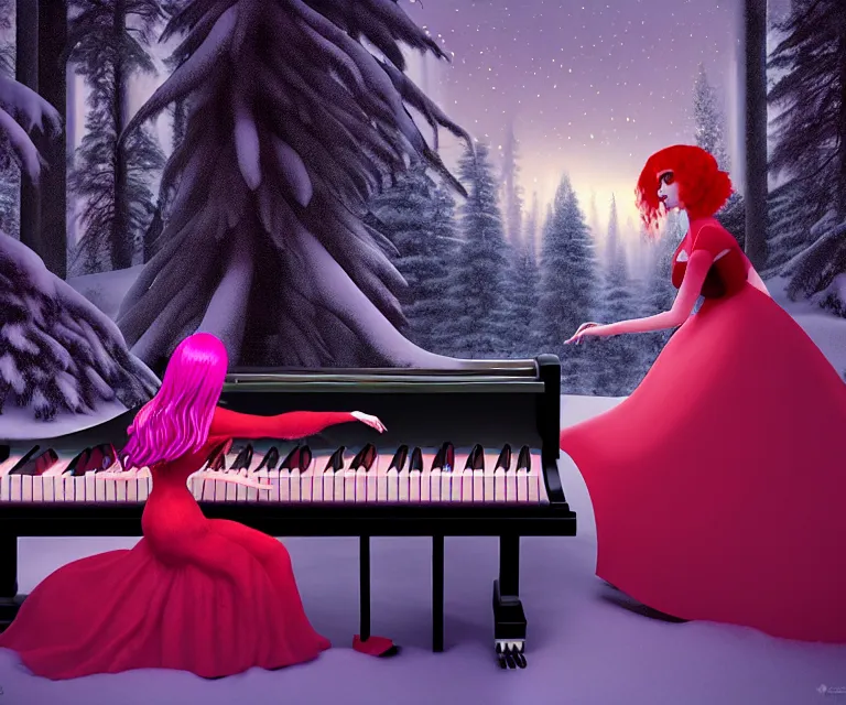 Prompt: a photorealistic rendering of a beautiful face gothic girl, pink hair in a stunning red dress playing a piano in the dark snowy forest by randolph stanley hewton, cg society contest winner, matte painting