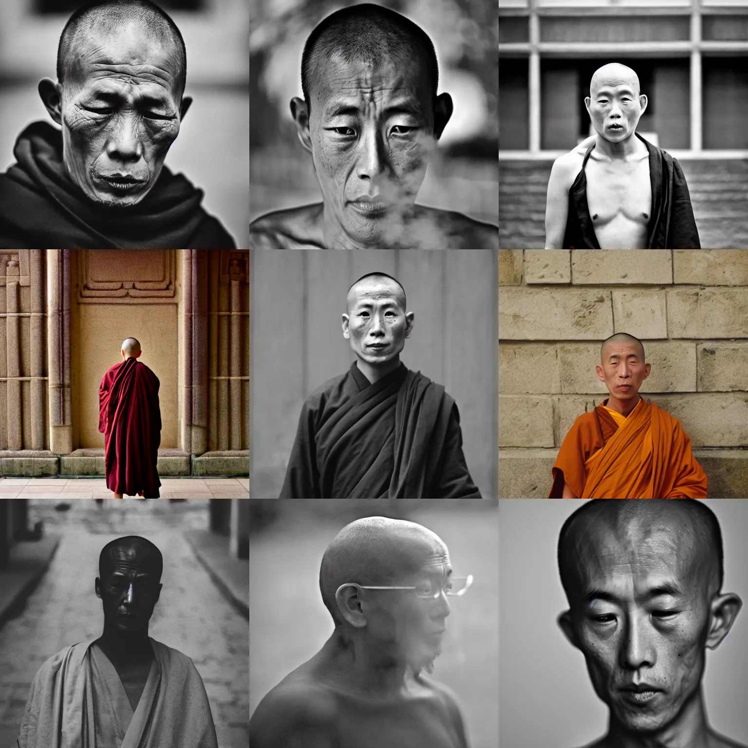 Prompt: symmetrical zen monk. Steam from ears!!! 50mm lens shot