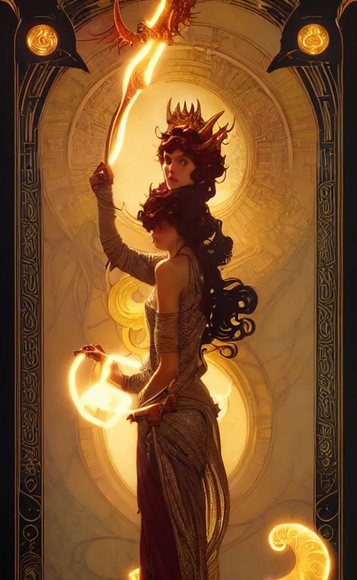 Image similar to magic gold dragon gorgeous lighting by weta studio, mucha, bautista and norman rockwell and greg rutkowski and tom bagshaw and james gurney and lucasfilm