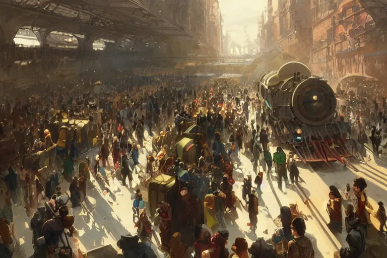 Prompt: subway mayhem as people rush to get on the cattrain, highly detailed, digital painting, artstation, concept art, smooth, sharp focus, illustration, art by greg rutkowski and alphonse mucha