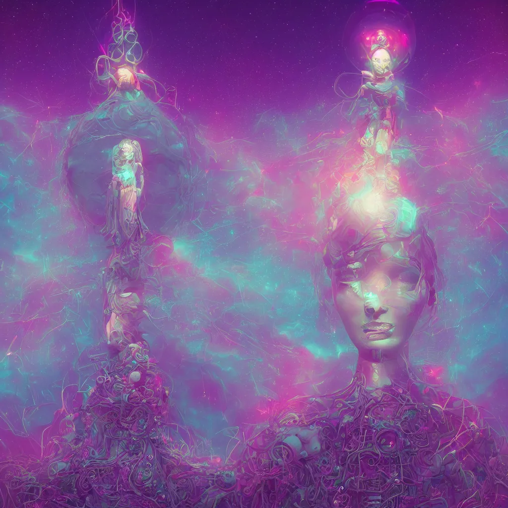 Prompt: a goddess of a world full of life divine thrill of the biological tranquil sky, atoms floating, horror, artwork by beeple and lisa frank, fantasy, intricate, highly detailed, artstation