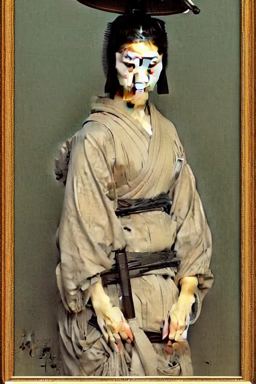 Image similar to portrait of a woman in samurai helmets, by bouguereau