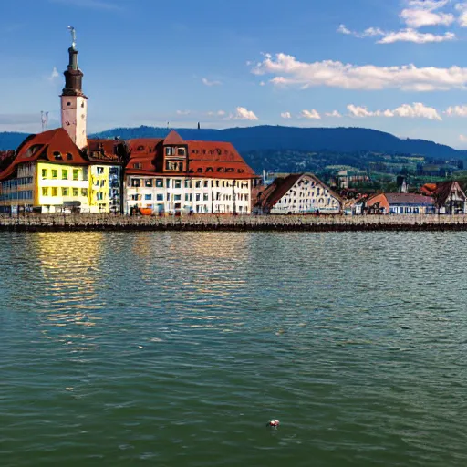 Prompt: lindau, lake of constance, germany, summer time, mountain view