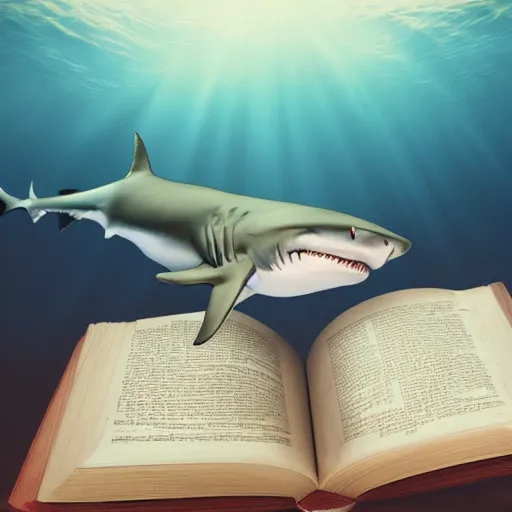 Prompt: a shark underwater reading a book realistic hdr photoshoot