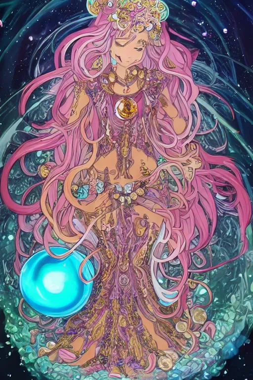 Prompt: psychedelic, intricate, highly detailed, anime, 4k, beautiful seductive slime monstergirl holding a huge orb containing the universe, with professional makeup, long trippy hair, surrounded by gems, underneath the stars, trending on patreon, deviantart, twitter, artstation, volumetric lighting, heavy contrast, by artgerm and Ilya Kuvshinov and alphonse mucha, interstellar galaxy