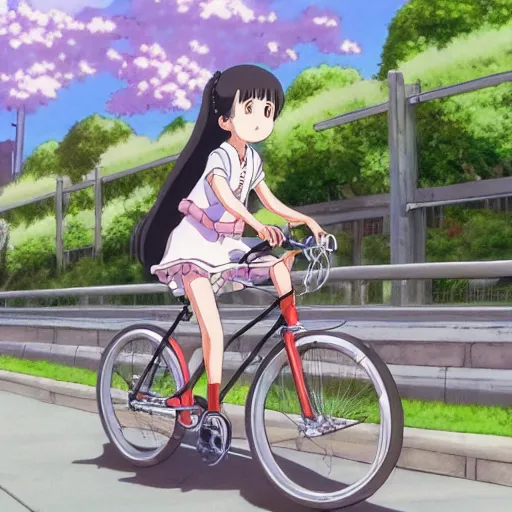 Premium Photo | Anime girl riding a bike with a backpack and a hat  generative ai