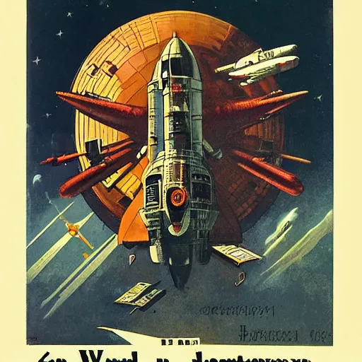 Image similar to soviet spaceship in the style of norman rockwell, world war 2, wwii, propaganda poster, sci - fi illustrations, highly detailed, award - winning, patriotic, soviet, ussr, dark, gritty, ink