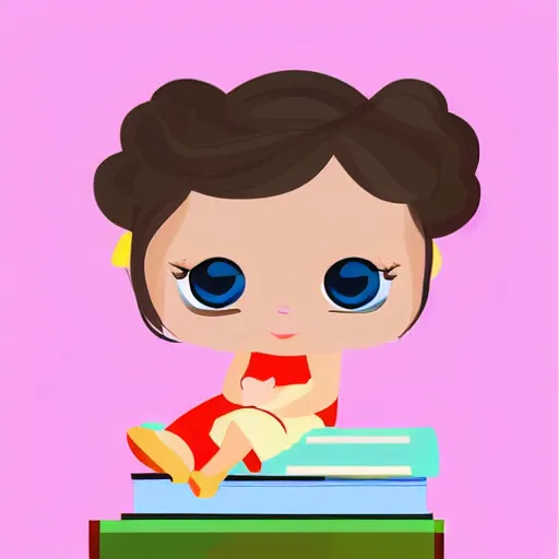 Image similar to a cute little girl with a round cherubic face, blue eyes, and short wavy light brown hair sitting on top of a stack of books. beautiful cartoon painting with flat colors and highly detailed face, outlining, children's storybook