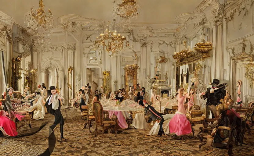 Image similar to realist rococo painting of a 1 9 2 0 s grand party in a beautiful mansion, many partygoers, strong contrast, unreal engine, hyper realism, realistic shading, cinematic composition, realistic render, octane render, detailed textures, photorealistic, ultrawide shot, 3 5 mm film