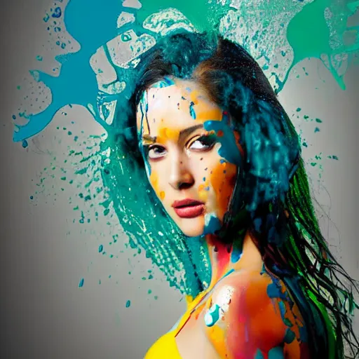 Image similar to potrait of a female model get splash with paint liquid , commercial ads