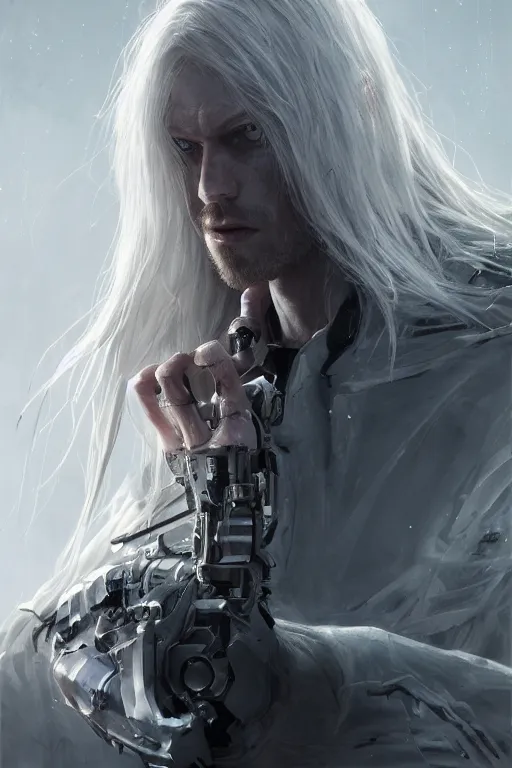 Prompt: a portrait of a toned male cyborg with long white hair and pale skin with joints still visible by greg rutkowski, sung choi, mitchell mohrhauser, maciej kuciara, johnson ting, maxim verehin, peter konig, bloodborne, 8 k photorealistic, cinematic lighting, hd, high details, dramatic, dark atmosphere, trending on artstation