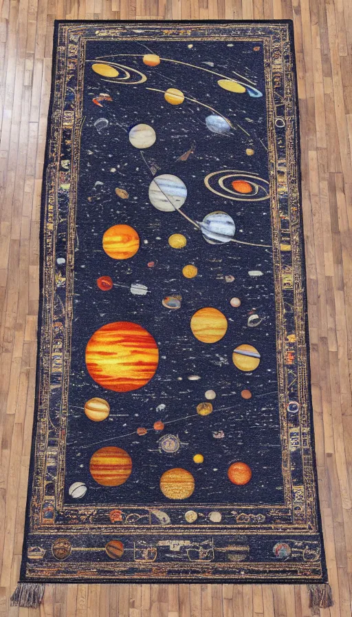 Prompt: solar system oriental rug, sun, planets, moon, high quality photography