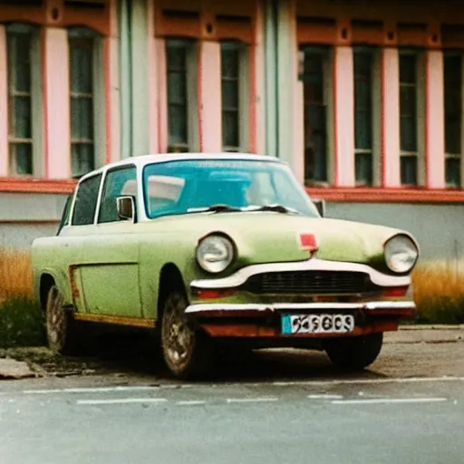 Image similar to low angle shot of right corner of russian car in soviet yard with block of flats, low grain film, masterpiece, blur, in style of william egglestone