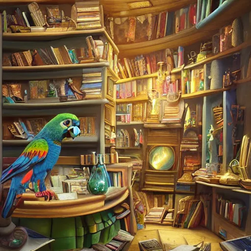 Image similar to Anthropomorphized parrot trader in his shop, shelves full, books, selling a gem, portrait, items, magic potions, carpet, window, fancy funny hat, sly expression , cunning expression, cute expression, presenting magic gem, D&D, fantasy, cinematic lighting, highly detailed, digital painting, artstation, concept art, smooth, sharp focus, illustration, warm light, cozy warm tint, magic the gathering artwork, volumetric lighting, 8k, no gold, no gold colours, art by Akihiko Yoshida, Greg Rutkowski