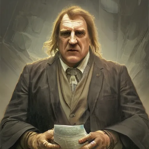 Image similar to [robot Depardieu as president of France! as GTA character, mystic hermit, closeup, D&D, intricate, elegant, highly detailed, digital painting, artstation, concept art, matte, sharp focus, illustration, art by Artgerm and Greg Rutkowski and Alphonse Mucha]