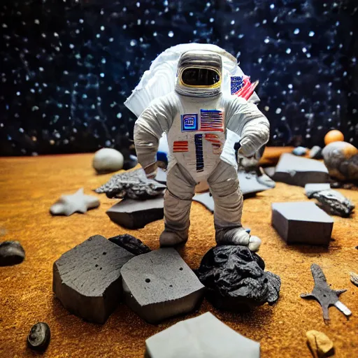 Prompt: a space admiral towing an asteroid, space backdrop, everything made of papier - mache canon 5 d 5 0 mm lens, diorama, newspaper,