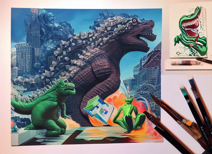 Prompt: godzilla vs. gumby painting, tristan eaton, victo ngai, artgerm, rhads, ross draws