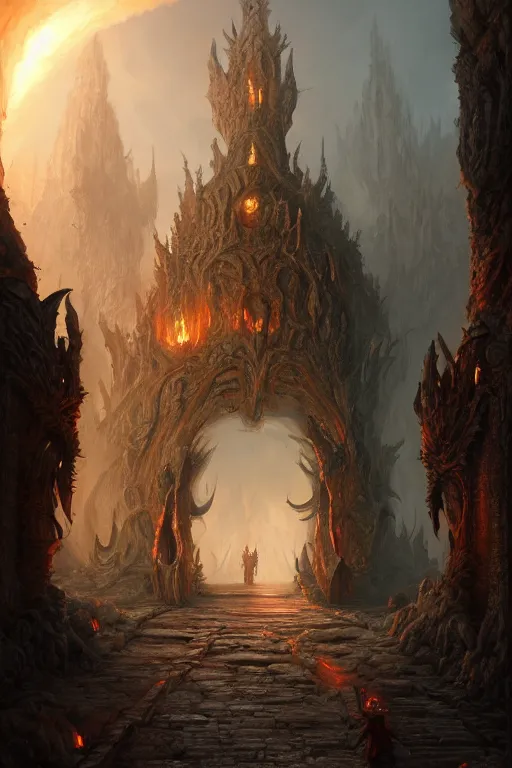 Image similar to gate to hell, highly detailed, d & d, fantasy, highly detailed, digital painting, trending on artstation, concept art, sharp focus, illustration, global illumination, ray tracing, realistic shaded, art by artgerm and greg rutkowski and fuji choko and viktoria gavrilenko and hoang lap, sunny