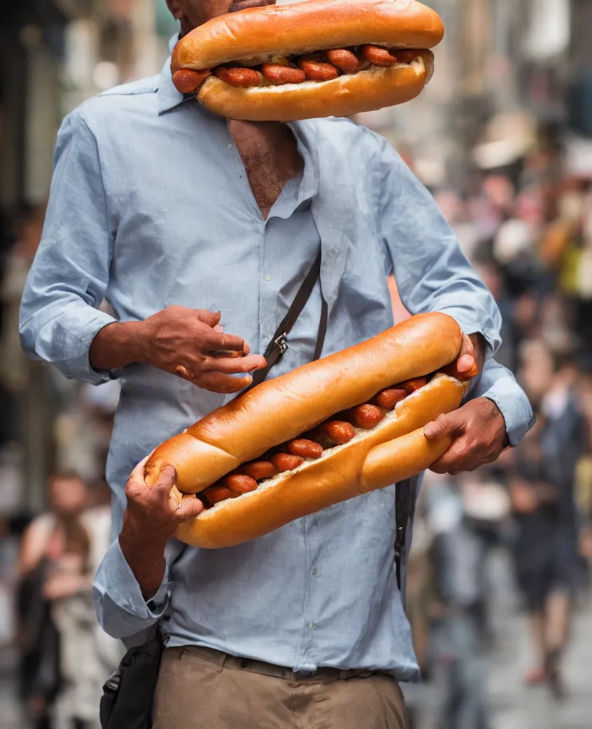 Image similar to closeup portrait of a man carrying a giant hotdog on his shoulder in a smoky new york back street, by Annie Leibovitz and Steve McCurry, natural light, detailed face, CANON Eos C300, ƒ1.8, 35mm, 8K, medium-format print