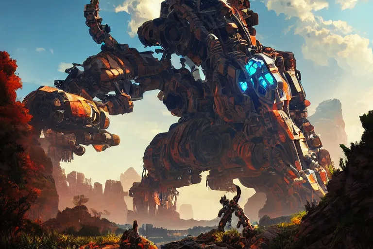 Image similar to rockbreaker machine mecanical creature robot of horizon forbidden west horizon zero dawn radiating a glowing aura global illumination ray tracing hdr fanart arstation by ian pesty and alena aenami artworks in 4 k