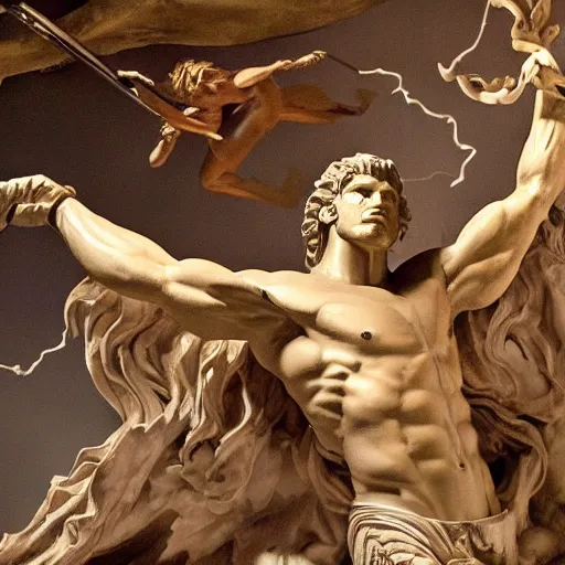 Prompt: The kinetic sculpture depicts the mythical hero Hercules in the moments after he has completed one of his twelve labors, the killing of the Hydra. Hercules is shown standing over the dead Hydra, his body covered in blood and his right hand still clutching the sword that slew the beast. His face is expressionless, betraying neither the exhaustion nor the triumph that must surely accompany such a feat. dark blue, cosmic nebulae by Ando Fuchs elegant