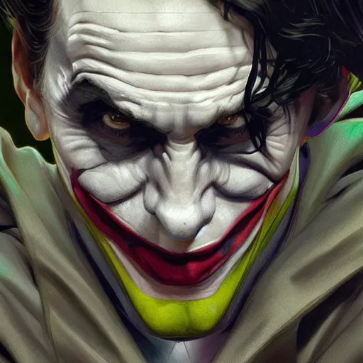 Prompt: [Rossi de Palma as the Joker, closeup, D&D, intricate, elegant, highly detailed, digital painting, artstation, concept art, matte, sharp focus, illustration, art by Artgerm and Greg Rutkowski and Alphonse Mucha]