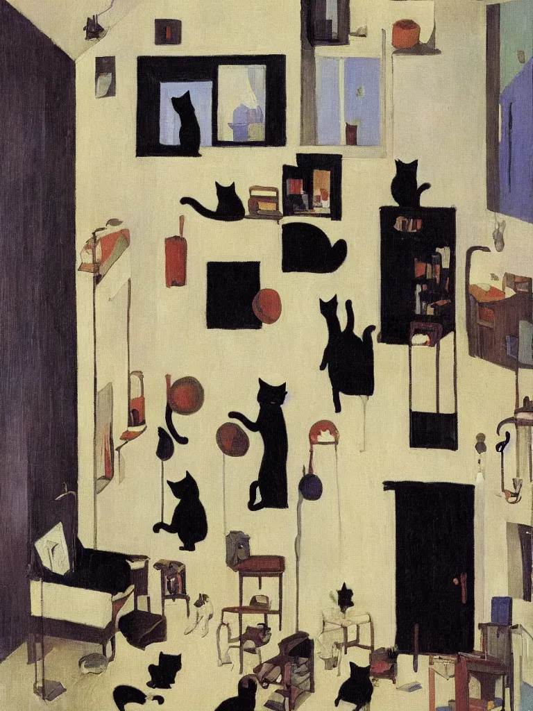 Prompt: cats travel around the apartment in a surreal home, by robert antoine pinchon, in the style of edwige fouvry, dark surrealism, open ceiling