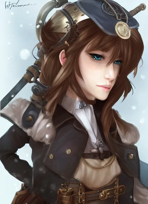 Image similar to girl with steampunk weapons and uniform, serious, intense, finely detailed, made by artgerm, full body portrait, illustration, snow, snowing, cloudy, anime, side view, perfect anime face, realistic face, zoomed out, smooth, brown eyes, high waisted shorts, sharp focus