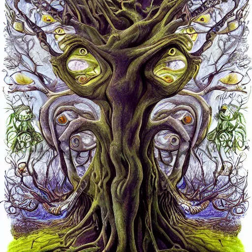 Prompt: a painting of a tree with many faces, poster art by brian and wendy froud, trending on artstation, fantasy art, lovecraftian, fractalism, poster art