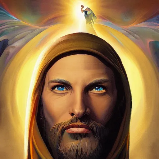 Prompt: a painting of Lindsay Sterling as the Messiah by Ross Tran, Bruce Timm and Vladimir Kush, highly detailed digital art, holy aura, serene expression