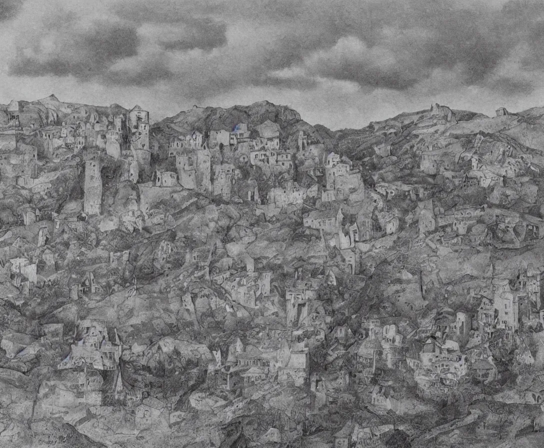 Image similar to A vast empty flat valley surrounded by Transylvanian mountains. A huge metal zeppelin in the sky among colorful clouds. The ruins of a medieval castle on the hillside in the background. No villages or buildings. Late warm evening light in the summer, gloomy weather. High quality, pencil drawing by M.C. Escher.