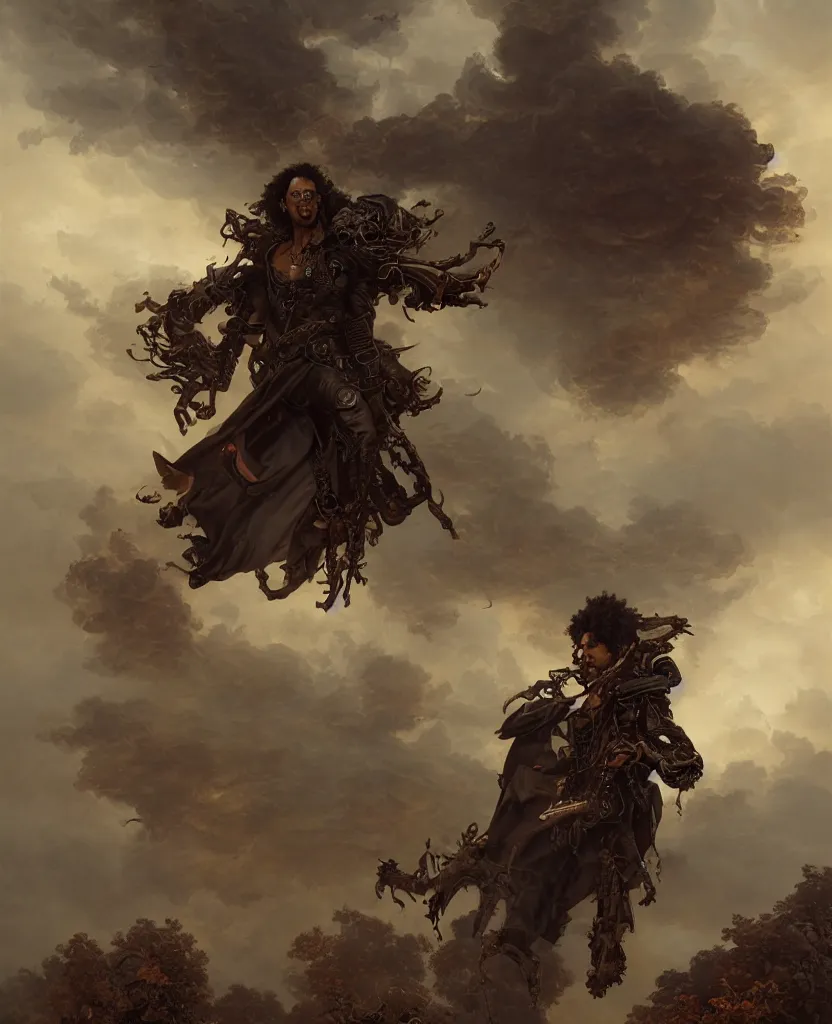Prompt: a brown skinned male demon hunter with mid dark curly hair and a cyberpunk priest uniform, windy, stoic, modern, hes alone, maximalist fashion, cgsociety, hyperdetailed, dramatic, epic painting, painted by jean honore fragonard and greg rutkowski, full body, octane render, sharpness, 8 k, golden ratio