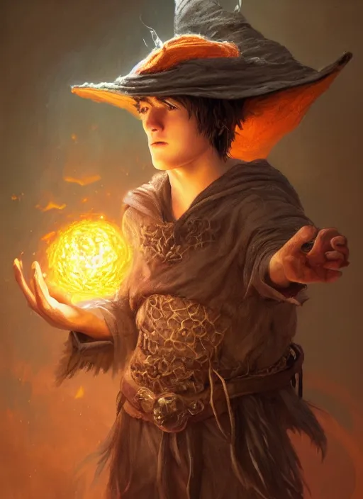 Prompt: Fifteen year old teenage hobbit wizard, short brown hair, pimples, mage hat, Orange Magic energy swirling body, Ivan Aivakovsky, Boris Vallejo, epic fantasy character art, D&D Concept Art, full length, Realistic, Regal, Refined, Detailed Digital Art, Oil Paining, Exquisite detail, post-processing, masterpiece, Cinematic Lighting, Unreal Engine, 8k, HD