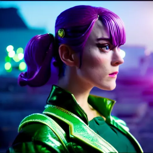 Image similar to cinematic scene with keira nightly as jolyne from jojo's bizarre adventure, live action film, stone ocean, dramatic, small details, volumetric lighting, still frame