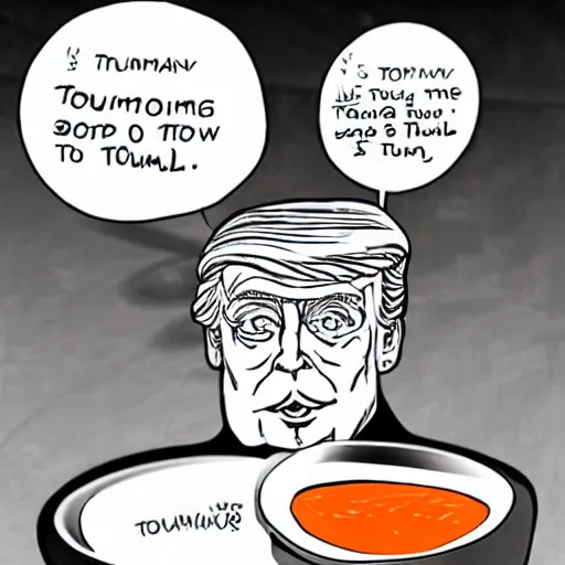 Image similar to bowl of tomato soup balancing on donald trumps head,