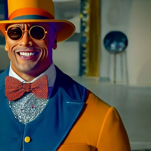 Prompt: Dwayne Johnson as Willy Wonka, detailed, portrait photograph, 8k hdr movie still, dynamic lighting