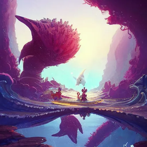 Image similar to Astronauts are riding some mythical animals and they are swimming under a sea, this is an extravagant planet with wacky wildlife, the giant kraken is behind them, the background is full of ancient ruins, by Jordan Grimmer digital art, trending on Artstation,