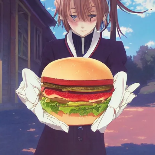 Prompt: Painting of a beautiful burger with strawberry topping in the style of Violet Evergarden, beautiful anime art style, countryside, calm, fantasy character portrait, dark outlines, dynamic pose, above view, sunny day, artwork by Makoto Shinkai, very coherent asymmetrical artwork, sharp edges, simple form, 100mm