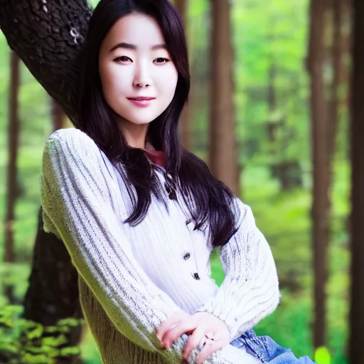 Image similar to close up portrait of an korean woman with beautiful face and modern clothes standing outside of an old cabin, forest in the background, bokeh, depth of field, dramatic lighting, cinematic, vivid colors, matte painting, vivid color scheme