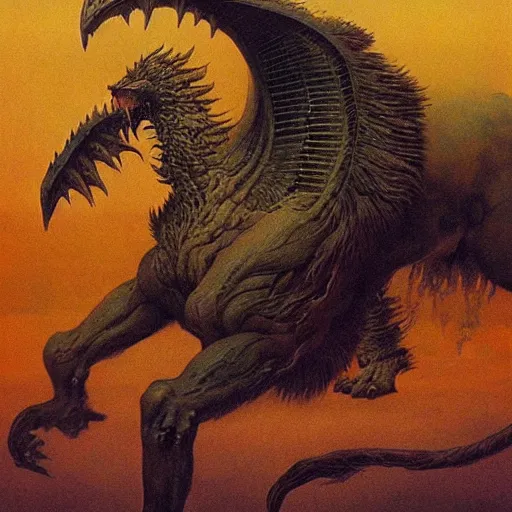 Image similar to griffon concept art, lion body, beksinski, wayne barlowe