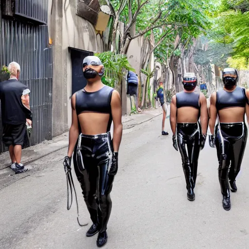 Prompt: men in chrome bodysuits walk down an alleyway past dead corpses