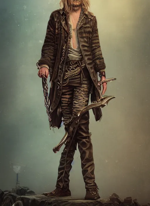 Image similar to detailed full body concept art illustration matte painting of kurt cobain pirate in full intricate clothing, ultra detailed, digital art, octane render, 4K, dystopian, micro details