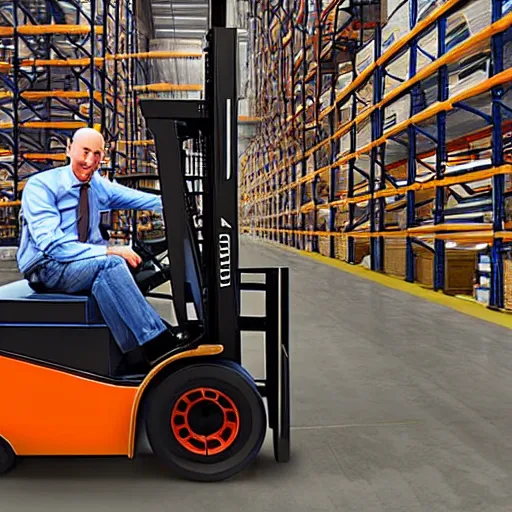 Prompt: jeff bezos driving a forklift inside a warehouse, ultra high detail, photorealistic