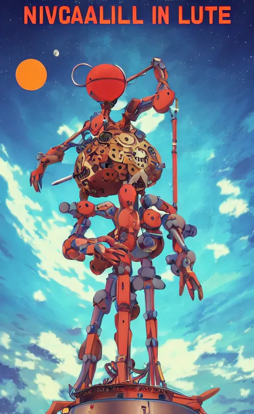 Image similar to evangelion with a mechanical moon lute in its arms, movie poster, 3 d anime, arcane style, retropunk, steampunk, high resolution, 4 k, retrofuturism, studio ghibli, simon stalenhag